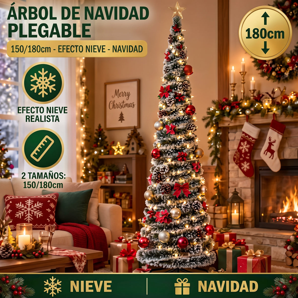 Árbol de Navidad Plegable Estrecho 150 o 180 cm – Ahorra Espacio