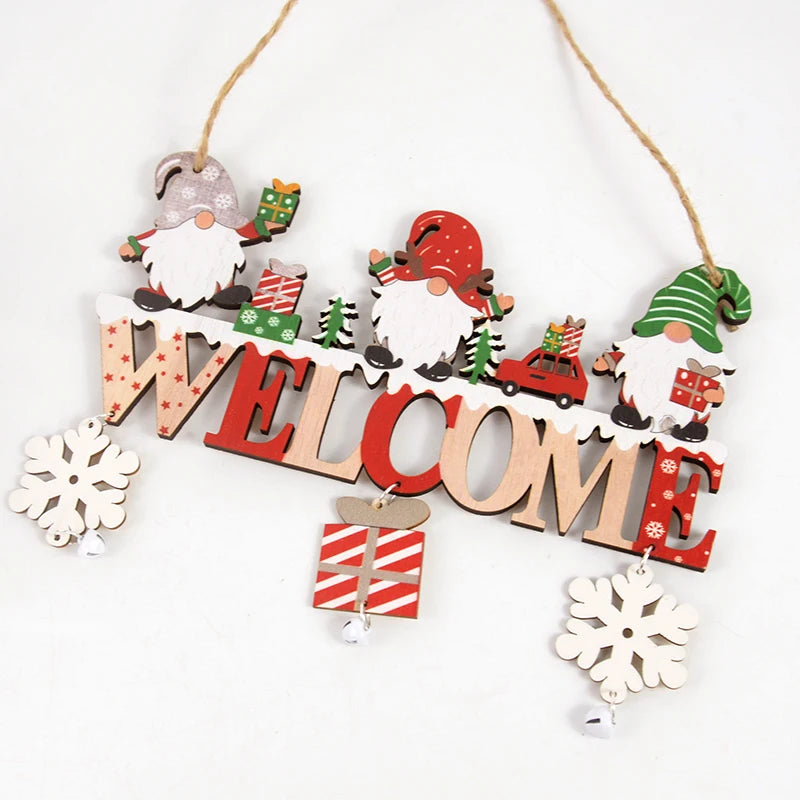 Cartel Welcome navideño de madera con gnomos