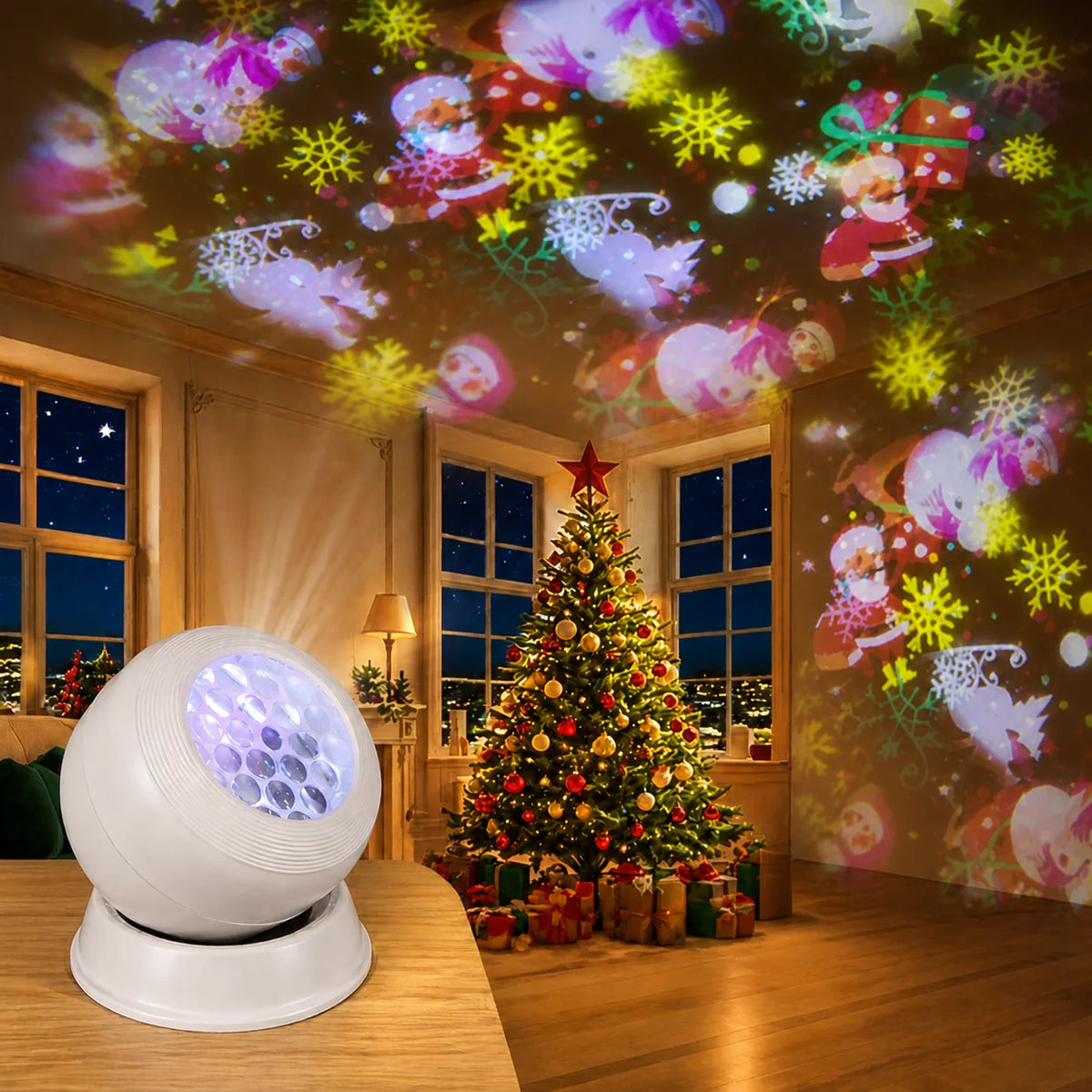 Proyector navideño giratorio llenando el salón de figuras de Navidad