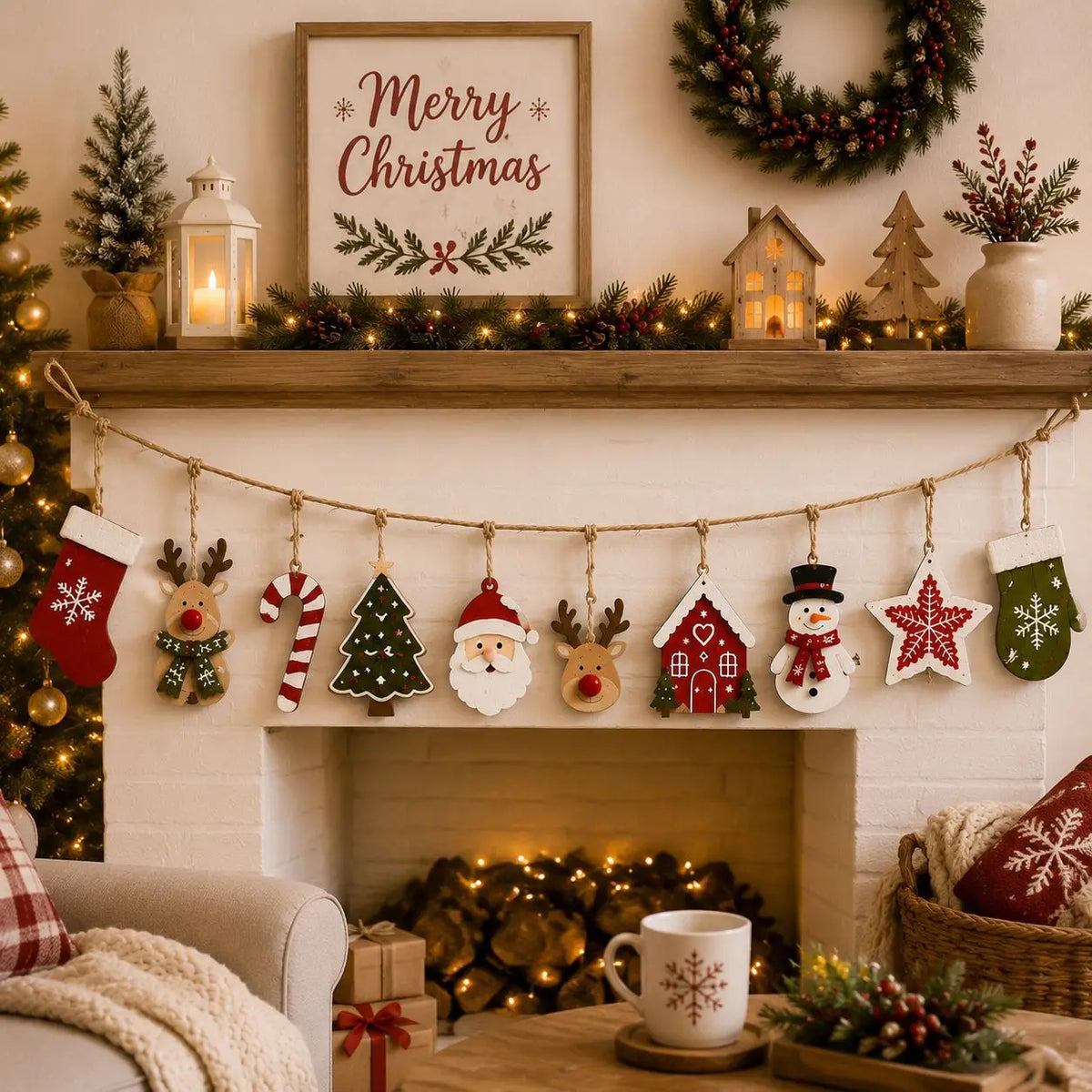 Adornos navideños de madera en ambiente festivo