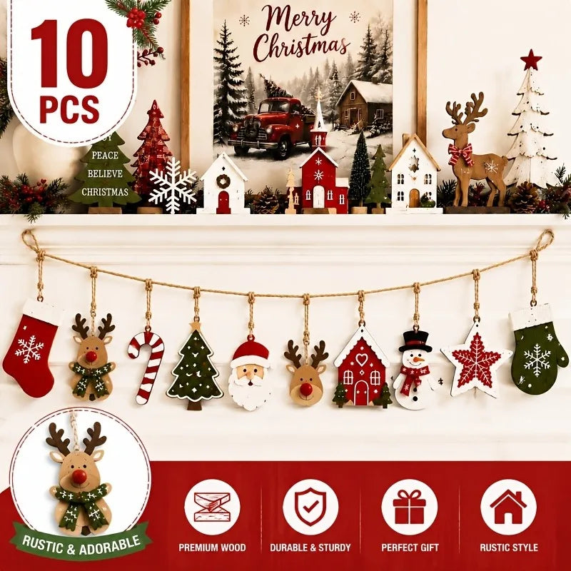 Set de 10 adornos navideños de madera
