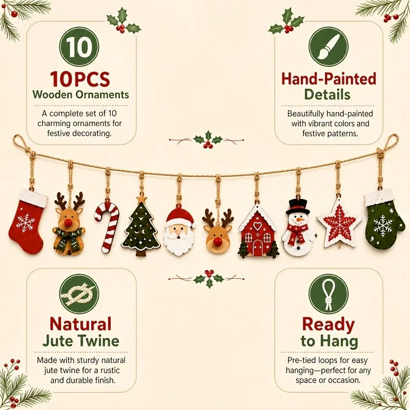 Adornos de madera de Papá Noel, renos y árbol