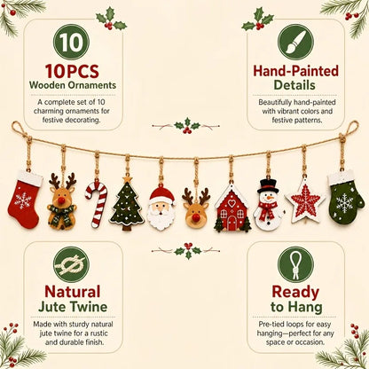 Adornos de madera de Papá Noel, renos y árbol