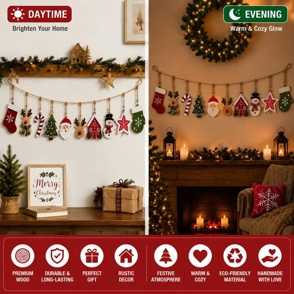 Guirnalda de adornos de madera decorando el hogar