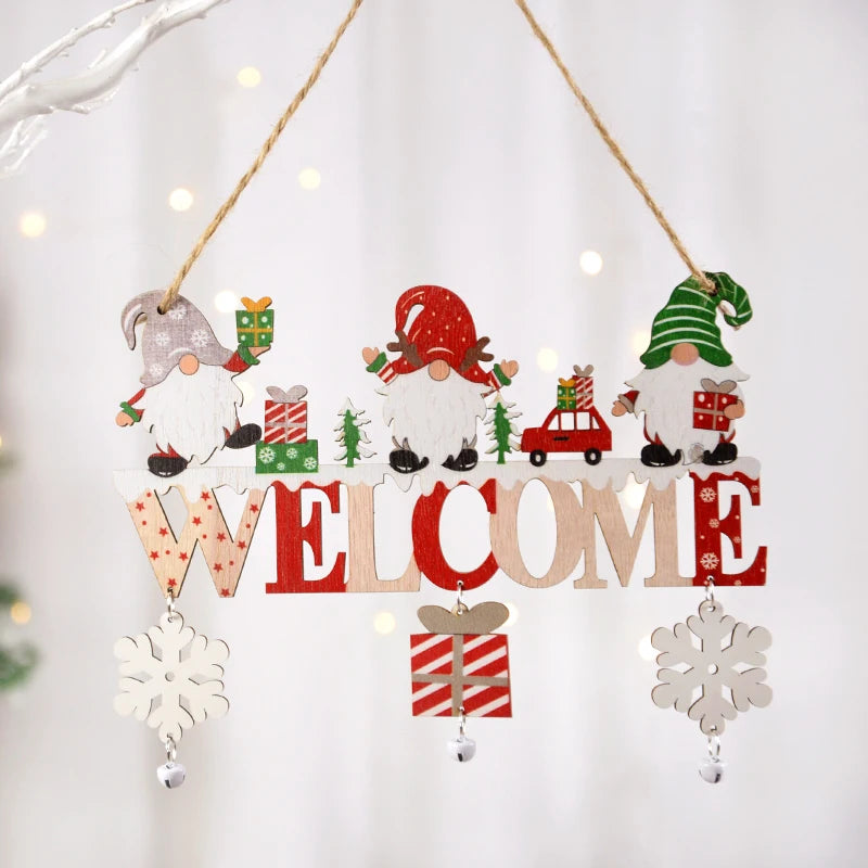 Cartel navideño colgante de madera con gnomos